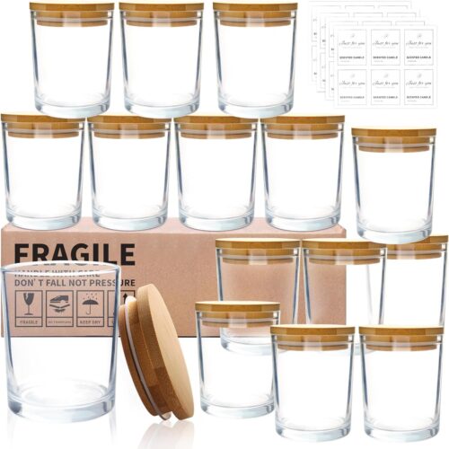 15 Pack 7 OZ Clear Candle Jars with Bamboo Lids, Thick Glass Empty Jars for Making Candles - Dishwasher Safe, in Bulk.