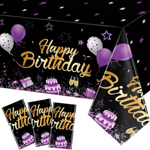 3 Pack Birthday Party Supplies Confetti Sprinkles Happy Birthday Tablecloths Starry Table Covers for Kids Adults Party Decorations, 54 x 108 Inches (Purple and Black)