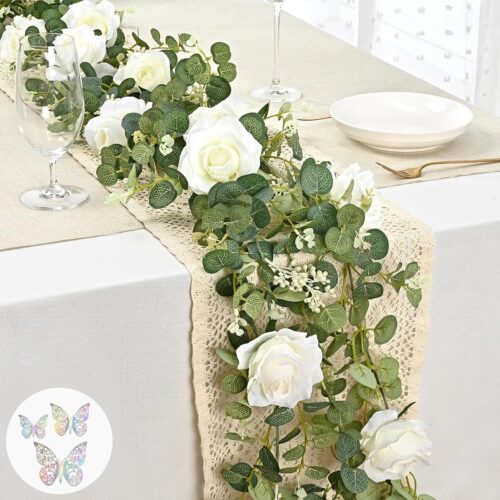6.6 Ft White Flower Garland with 3D Butterfly, Artificial Eucalyptus Garland with Flowers Fake Rose Vine for Table Centerpiece Wedding Arch Baby Shower Party Room Backdrop Decor