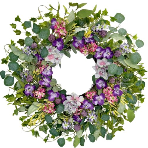 Spring Wreaths for Front Door, 24 Inch Purple Summer Wreath Everyday Artificial Wild Flower Wreath for Wedding Home Wall Window Porch Indoor Decor