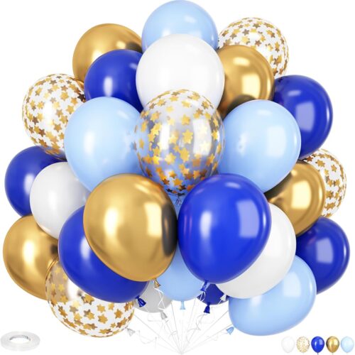 Blue Gold Balloons, 12 Inch Royal Blue and Gold Balloons, Blue and White Gold Balloons Metallic Gold Star Confetti Latex Balloons for Wedding Baby Shower Graduation Anniversary Engagement Decorations