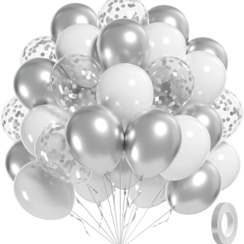 60pcs White and Silver Balloons 12inch, Silver and White Balloons with Metallic Silver Confetti Balloons for Birthday Baby Shower Wedding Anniversary New Years Party Decorations