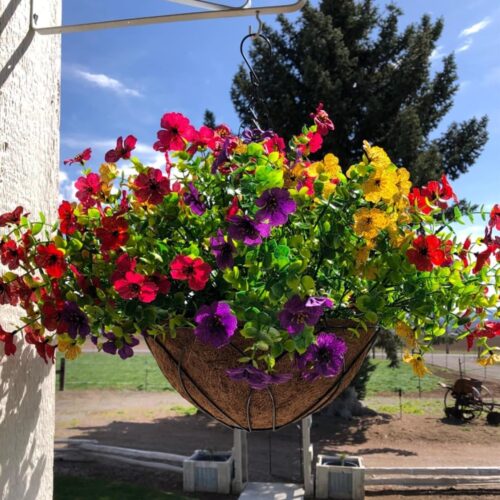 Artificial Faux Hanging Plants Flowers Basket for Fall, Colorful Daisy Flowers Eucalyptus UV Resistant Look Real for Outdoor Outside Porch Decoration