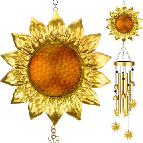 Sunflower Solar Wind Chimes for Outside, Waterproof Metal and Glass Wind Chimes Outdoors with Unique Design, Best Home Yard Porch Garden Decor, Unique Gifts for Women, Mom, Grandma
