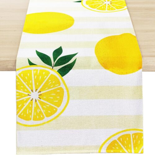 Lemon Table Runner Kitchen Decor - Yellow and White Stripes Lemon Table Decorations Summer Spring Seasonal Home Decor for Dining Table Farmhouse Party 13 × 72 Inch