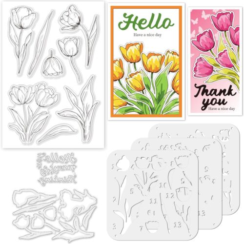 Stamps and Dies for Card Making, Mother's Day Tulip Stamps Die Cut Stencils Clear Stamps Set Layering PET Coloring Stencil for DIY Scrapbooking Craft Decor Album Paper Arts Crafts Supplies