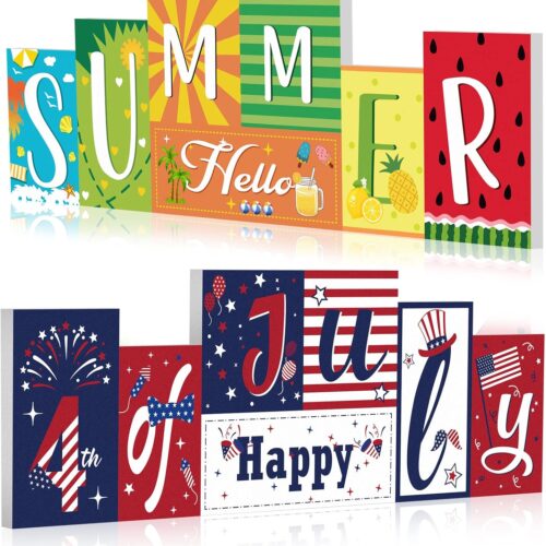 Summer Wooden Table Sign Double Sided Hello Summer and Happy 4th of July Tabletop Sign Hawaii Wood Block Memorial Day patriotic Tiered Tray Decor for Office Home indoor Shelf Centerpiece