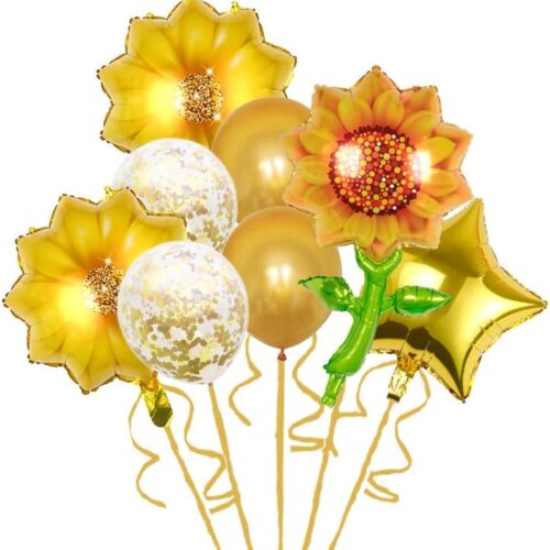 8PCS Sunflower Birthday Balloons Aluminum Foil Sunflower Shaped Mylar Balloons for Summer Sunshine, Birthday, Baby Shower, Wedding Party Decorations (Style 1)