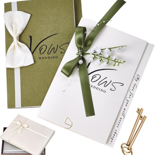 Elegant Wedding Vow Book Set for Bride & Groom - Green & White Lined Pages (Modern)