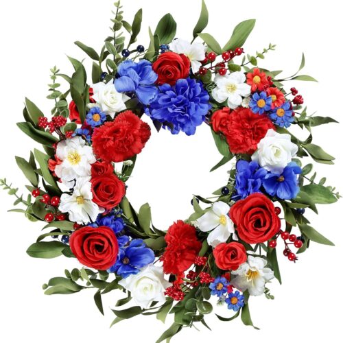 20Inch 4th of July Patriotic Day Wreath for Front Door with Artificial Floral Red Blue White Flower Roses Hydrangea Daisy Patriotic Decorations for Memorial Day Independence Day Veterans Day