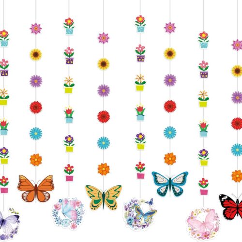 Spring Decorations - 8 Pack Spring Flower Butterfly Hanging Party Decor Spring Summer Floral Butterfly Garland Banner for Home Classroom Wedding Birthday Party Supplies