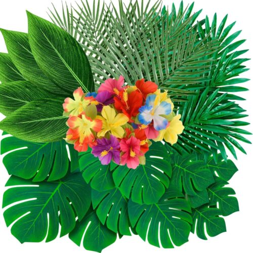 105Pack Artificial Palm Leaves Hibiscus Flowers Tropical Party Decorations Supplies - 7 Kinds Fake Monstera Leaf for Safari Jungle Hawaiian Birthday Luau Party Theme Table Decor