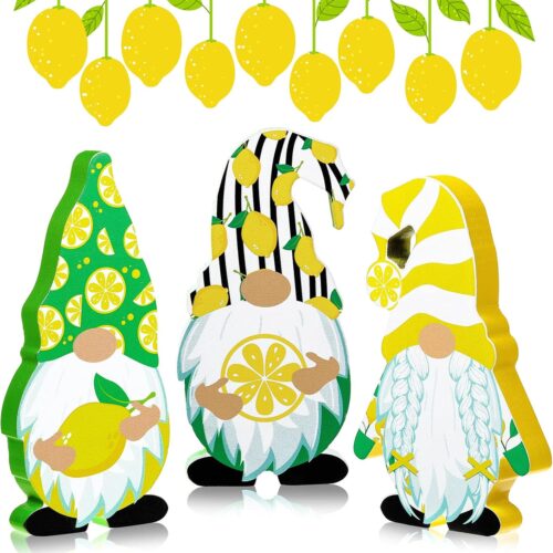 3 Pcs Lemon Gnomes Decor Lemon Wooden Decorations for Kitchen Summer Tiered Tray Gnomes Lemon Wooden Tabletop Centerpiece Farmhouse Lemon Gnome Freestanding Table Signs for Summer Home Decoration