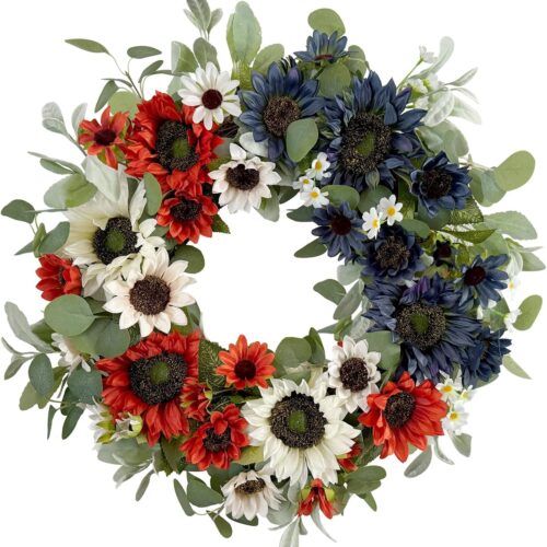 Patriotic Wreath Decorations, 24 Inch Sunflower 4th of July Wreaths for Front Door, Red White Blue Spring Summer Door Wreath for Independence Day, Memorial Day for Indoor Outdoor Decor