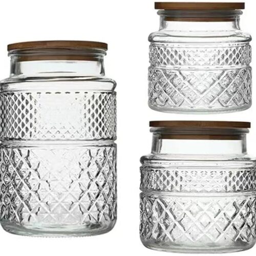Glass Storage Jars Vintage Embossed Canisters Food Cereal Storage Containers with Bamboo Lid, Decorative Jars for Kitchen Counter,Pantry,Set 3-Piece Glass Jars in 60 oz/40 oz/20 oz (Round)