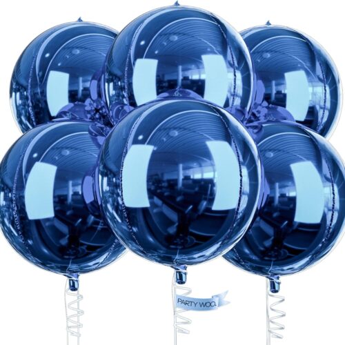 Blue Foil Balloons 6 pcs 22 Inch Large Giant Round Dark Navy Blue 4D Orbz Mylar Balloons and Ribbon for Wedding Baby Shower Gender Reveal Anniversary Graduation Birthday Party Decorations