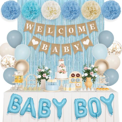 Dusty Blue Baby Shower Decorations for Boy with Welcome Baby Banner Baby Boy Letter Blue Champagne Sand Foil Balloons Fringe Curtains Paper Pom Poms for Boho Baby Shower Gender Reveal Party Supplies