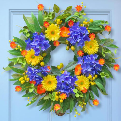 Spring Summer Wreaths for Front Door, Soomeir 24 Inch Door Wreath with Blue Hydrangea, Daisy and Poppies, for All Seasons Outside Indoor Outdoor Home Farmhouse Wedding