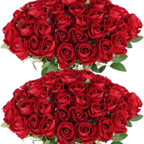 50 Artificial Roses in Bulk, Fake Velvet Silk Burgundy Roses Realistic Red Roses for Wedding Centerpieces Flower Arrangement Home Decor (50, Burgundy)