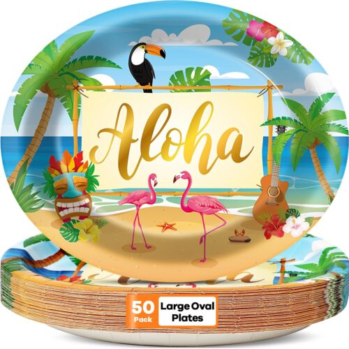 50 PCS Hawaiian Luau Party Plates Decorations Supplies Large 11 Inch Summer Aloha Party Disposable Paper Plates Hawaii Tropical Heavy Duty Dish Tray for Summer Birthday Party Baby Shower