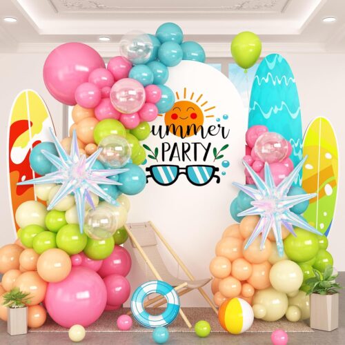 Summer Tropical Balloon Arch Garland Kit Iridescent Star Balloons and Transparent Balloon Teal Pastel Pink Orange Yellow Lime Green Balloons for Hawaiian Luau Aloha Birthday Pool Party Decor