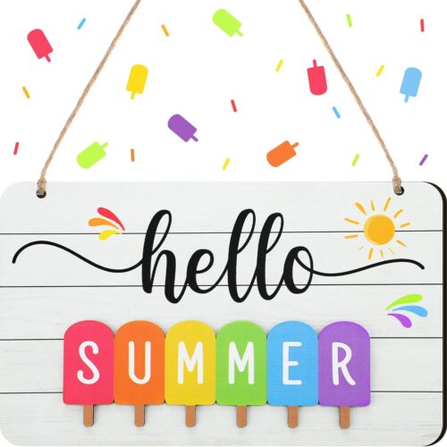Hello Summer Door Sign Colorful Ice Lollipop Sign for Front Door Welcome Summer Decoration Plaque Hanging for Farmhouse Home Wall Porch Indoor Outdoor,10 x 5.5 Inch