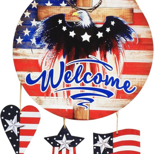 4th of July Wreaths for Front Door Patriotic Wreath Door Hanger Bald Eagle Red White and Blue Decor Indoor Fourth of July Wreath Decoration for Wall Welcome Sign