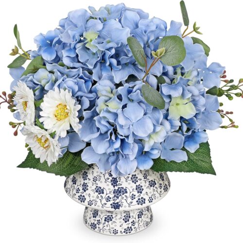 Hydrangea Artificial Flowers Mixed Daisy Eucalyptus Leaf Berries Fake Flowers, Large Blue and White Ceramic Vase Realistic Silk Flowers Bouquet for Home Decor Indoor Wedding Farmhouse, Blue