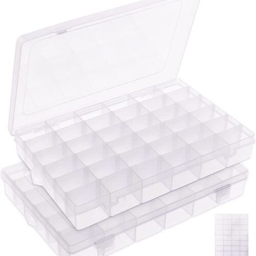 2 Pack Tackle Box Organizer with 36 Adjustable Grids, Plastic Washi Tape Organizer Storage Container for Beads, Screws, Crafts, Jewelry, Nails, Fishing Gear, Small Parts Box