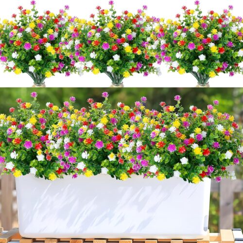 Artificial Flowers Outdoor 8 Bundles Faux Fake Plants Realistic UV Resistant for Home Porch Spring Summer Outside Window Box Decor, Mixed Colors