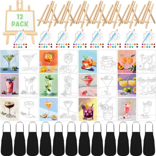 12 Set Pre Drawn Canvas for Painting for Adults Sip and Paint Kit with Easels 8 x 10 Inches Paint Party Kit with Printed Canvas Paints Brushes Palette Bag Apron(Cocktails)