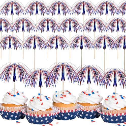 100 Pcs 4th of July Firework Pick Patriotic Red White Blue Cake Cocktail Food Fruit Drinks BBQ Dessert Picks Cupcake Topper Decoration for Independence Day Party Supplies