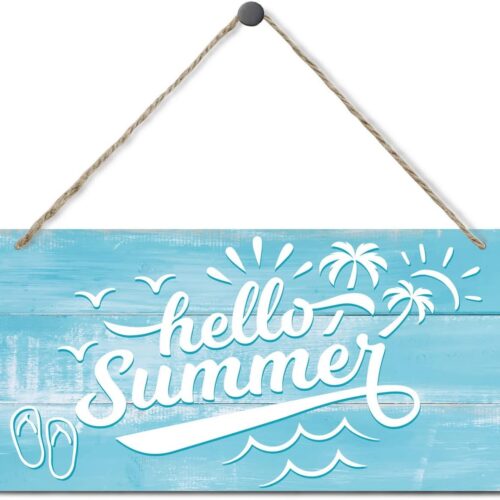 Hello Summer Sign Decor, Sign Decor, Hanging Wood Sign Home Decorative, Printed Wood Wall Art Sign, Summer Welcome Sign, Beach House Door Hanger, Ocean Theme Coastal Decorations for Home or Farmhouse