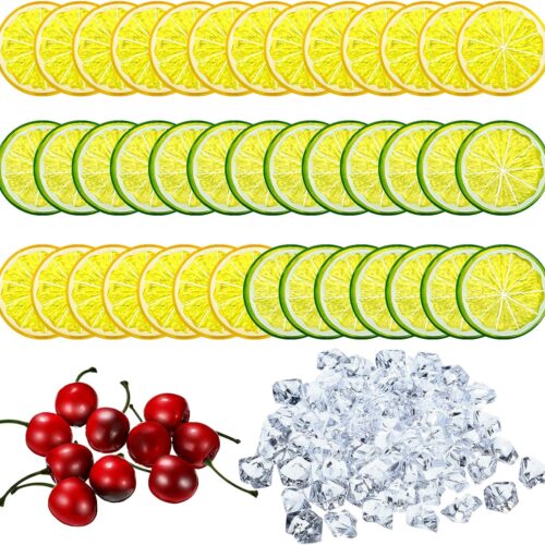 130 Pieces Lemon Slice Ice Cubes Set - 20 Simulation Lemon Slices, 100 Acrylic Ice Cubes, 10 Artificial Cherries for Wedding Kitchen Decoration