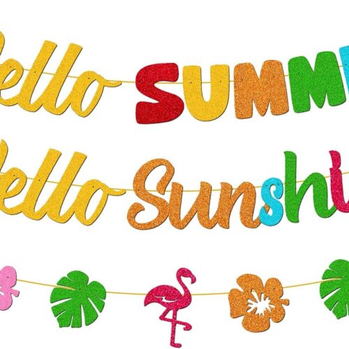 Hello Summer Hello Sunshine Banner for Summer Hawaiian Tropical Flamingo Pineapple Sunflower Beach Theme Holiday Happy Birthday Wedding Bachelorette Engagement Bridal Shower Party Supplies Glitter