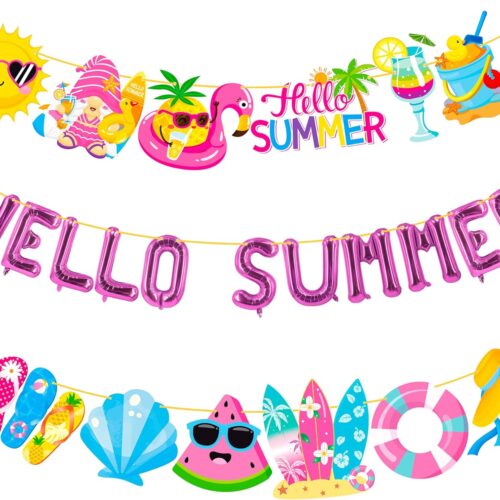 Summer Beach Pool Party Decorations Pink Hello Summer Letters Foil Balloons 2pcs Beach Pool Party Banner for Girls Summer Pool Birthday Hawaiian Beach Baby Shower Party Supplies