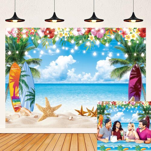 Summer Hawaiian Beach Backdrop Tropical Palm Flower Surfboard Starfish Glitter Beach Photography Background Aldult Kids Holiday Birthday Aloha Luau Hawaiian Party Baby Shower Decoration (7x5FT)