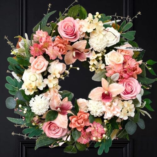 24 Inch Spring Everyday Flower Wreath for Front Door, Soft Touch Pink Roses Orchid Peony Floral for Indoor Outdoor, Flower Wreath for Home Decoration