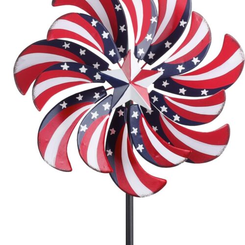 4th of July Outdoor Wind Spinner, 60" Red White Blue Metal Wind Spinners with Stakes for Memorial Day Decorations, 360° Rotating Double Layers Windmill Yard Art for Home Outside Lawn Porch