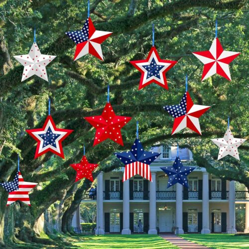 16 Pcs 4th of July Hanging Star Lawn Sign Star Patriotic Yard Signs Decorations Plastic Independence Day Garden Hanging Ornaments for Labor Day Veterans Day Memorial Day Home Garden Yard Tree Decor