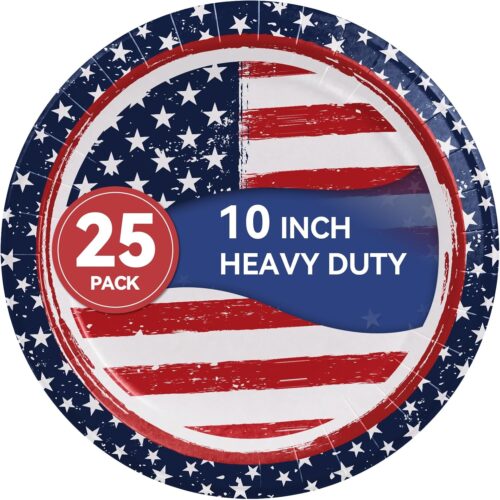 10'' Heavy Duty 4th of July Paper Plates 25 Count, Disposable Plates for Memorial Day/Independece Day/Labor Day/Veterans Day/Patriotic Party Decorations Supplies
