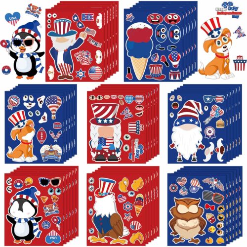 4th of July Crafts for Kids, 48 Pcs DIY Patriotic Stickers & Make a Face Stickers for Independence Day Party Favors & Decorations