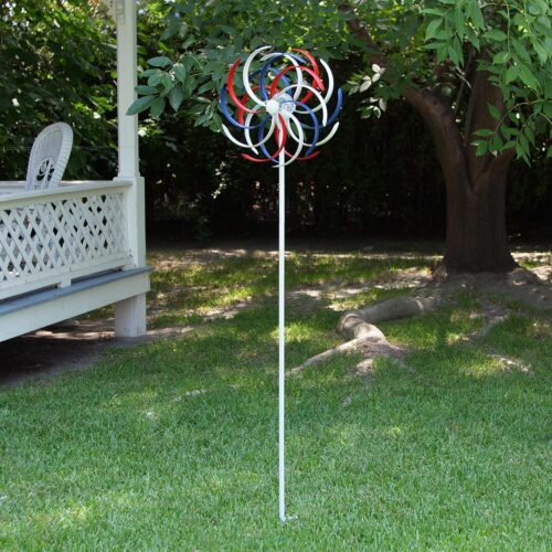 68" Tall Outdoor Solar Powered Patriotic Dual Windmill Spinner Stake Yard Decoration, Red, White, and Blue