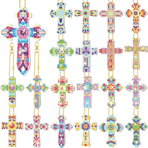 20 Pcs Easter Diamond Painting Keychains Cross Diamond Art Keychains Kits for Adults Religious Crosses Ornaments 5D Key Chain Christian Rhinestones Bookmarks Key Rings for DIY Crafts Gifts