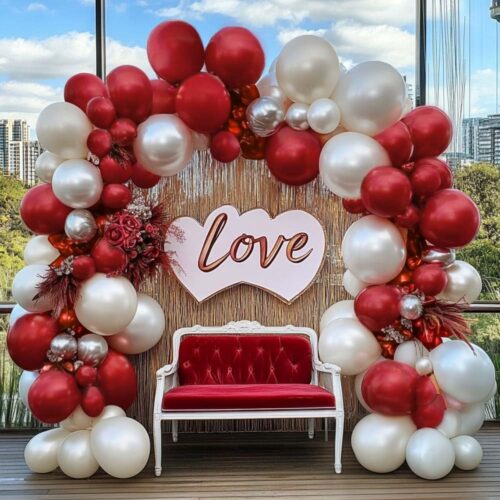 Red White Balloon Garland Double Stuffed Dark Red Balloons Different Size Pearl White Balloon Arch Kit for Graduation Wedding Birthday Anniversary Bridal Valentine Engagement Party Decorations