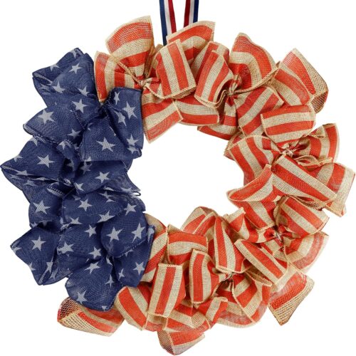 19Inch 4th of July Patriotic Day Wreath for Front Door America Patriotic Flag Burlap Summer Patriotic Decorations with Red Stripe Blue Star for Independence Day Memorial Day Veterans Day