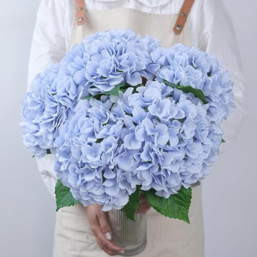 4 Pcs 21in Artificial Hydrangea Flower Large Natural Lifelike Fake Silk Hydrangea Faux Flower for Home Party Decor Outdoor Wedding Table Centerpieces Decoration (Blue)