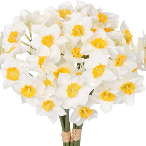 12 Stems Daffodils Artificial Flowers 2 Bunches Real Touch Fake Narcissus Flower 9in Silk Spring Fake Flowers Wedding Floral Decor Bouquet for Home Party Wedding Office Anniversary Decor,White