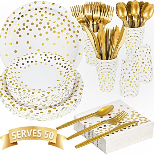 350PCS Party Supplies Plates Set - Disposable Gold Dinnerware, Include 50 Paper Plates, 50 Dessert Plates, 50 Silverware, 50 9oz Cups, 50 Napkins for 50 Guests, Heavy Duty Utensils for Party, Wedding