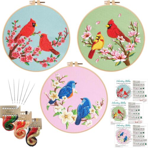 3 Pack Embroidery Kit for Beginner Adults, Cross Stitch Set with Cardinal & Blue Bird Patterns, Includes Cloth, Hoops, Threads, Needles, Instructions